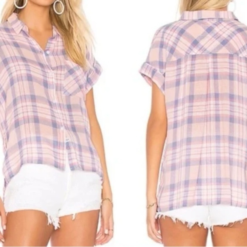 Rails Whitney Peach Blush plaid linen blend short sleeve blouse, button …